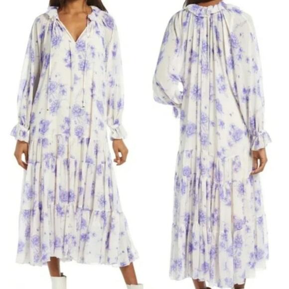 Free People Feeling Groovy Sheer White Blue Floral XS Maxi Dress - Picture 3 of 11